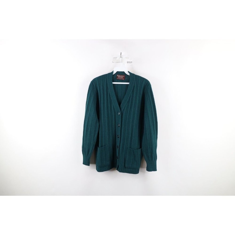 Vtg 70s Streetwear Womens Medium Ribbed Knit Kurt Cobain Cardigan Sweater Green